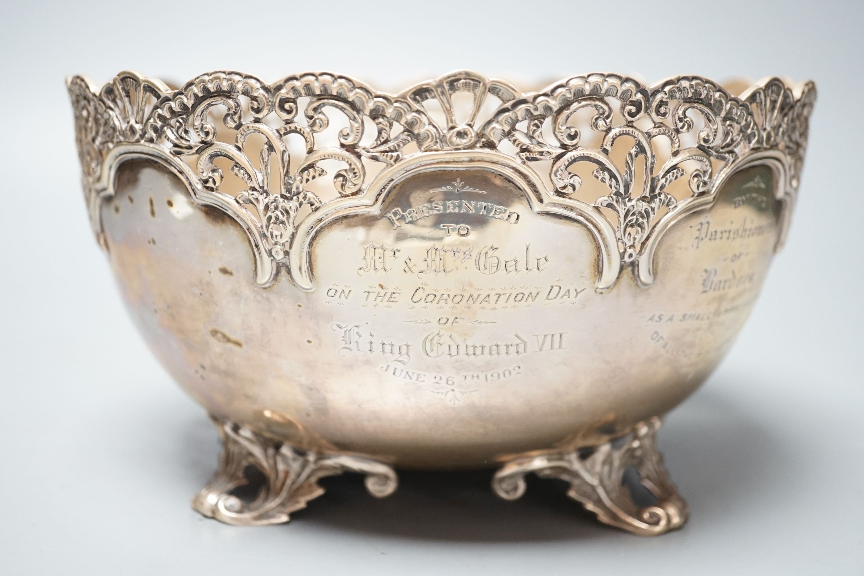An Edwardian silver presentation bowl with engraved inscriptions and pierced border, Josiah Williams & Co, London, 1901, 20cm, 20.5oz.